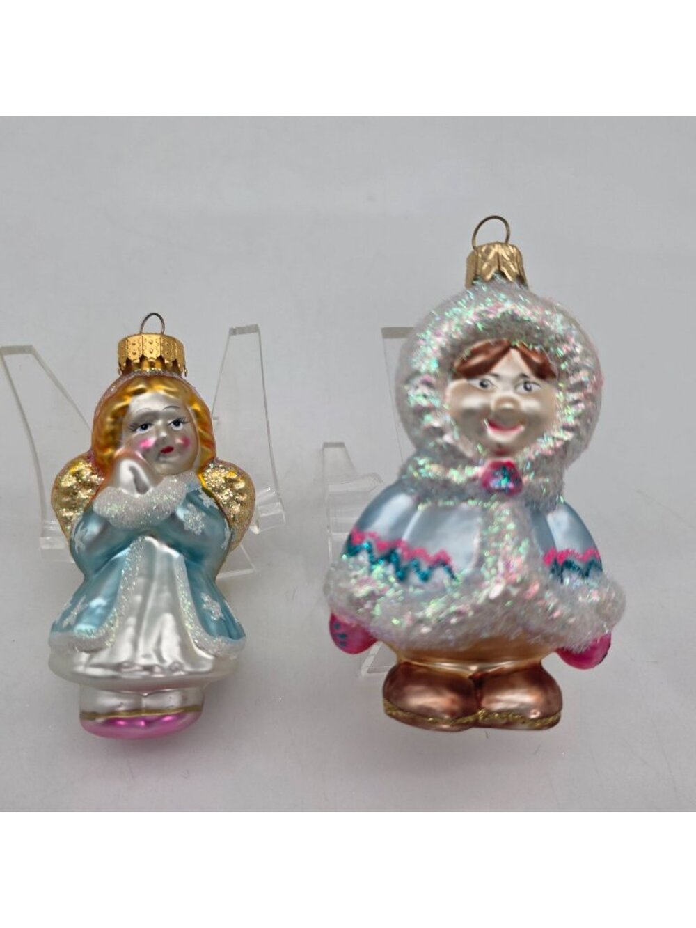 VTG Glass Angel & Eskimo Ornaments Hand-Painted Glitter Christmas Tree Decor